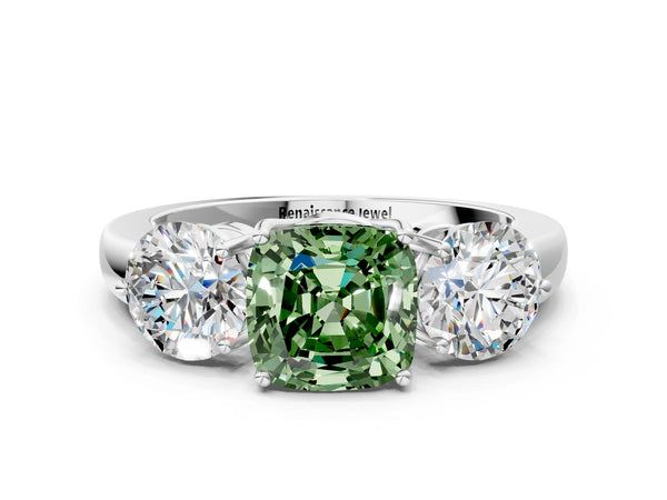 White gold Fancy Green Cushion Cut Diamond Three-Stone Ring with Prong Setting and Classic Band