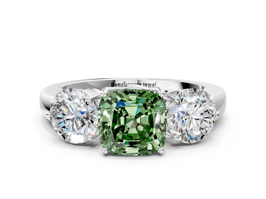 White gold Fancy Green Cushion Cut Diamond Three-Stone Ring with Prong Setting and Classic Band