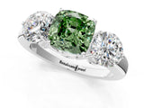 White gold Fancy Green Cushion Cut Diamond Three-Stone Ring with Prong Setting and Classic Band_124
