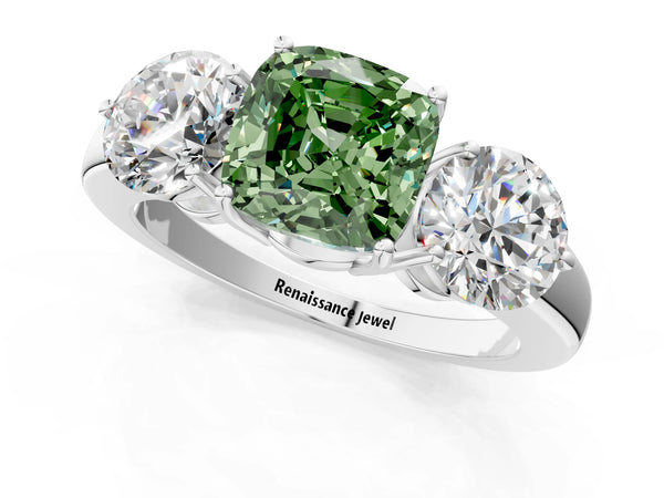 White gold Fancy Green Cushion Cut Diamond Three-Stone Ring with Prong Setting and Classic Band