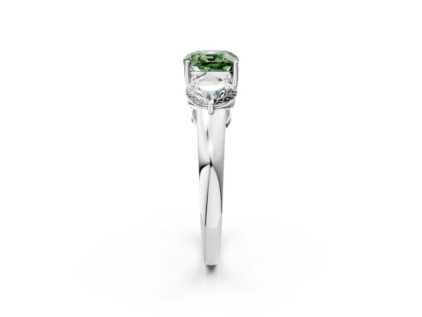 White gold Fancy Green Cushion Cut Diamond Three-Stone Ring with Prong Setting and Classic Band