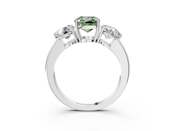 White gold Fancy Green Cushion Cut Diamond Three-Stone Ring with Prong Setting and Classic Band