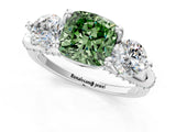 White gold Fancy Green Cushion Cut Diamond Three-Stone Ring with Prong Setting and Pavé Band_1