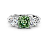 White gold Fancy Green Cushion Cut Diamond Three-Stone Ring with Prong Setting and Pavé Band
