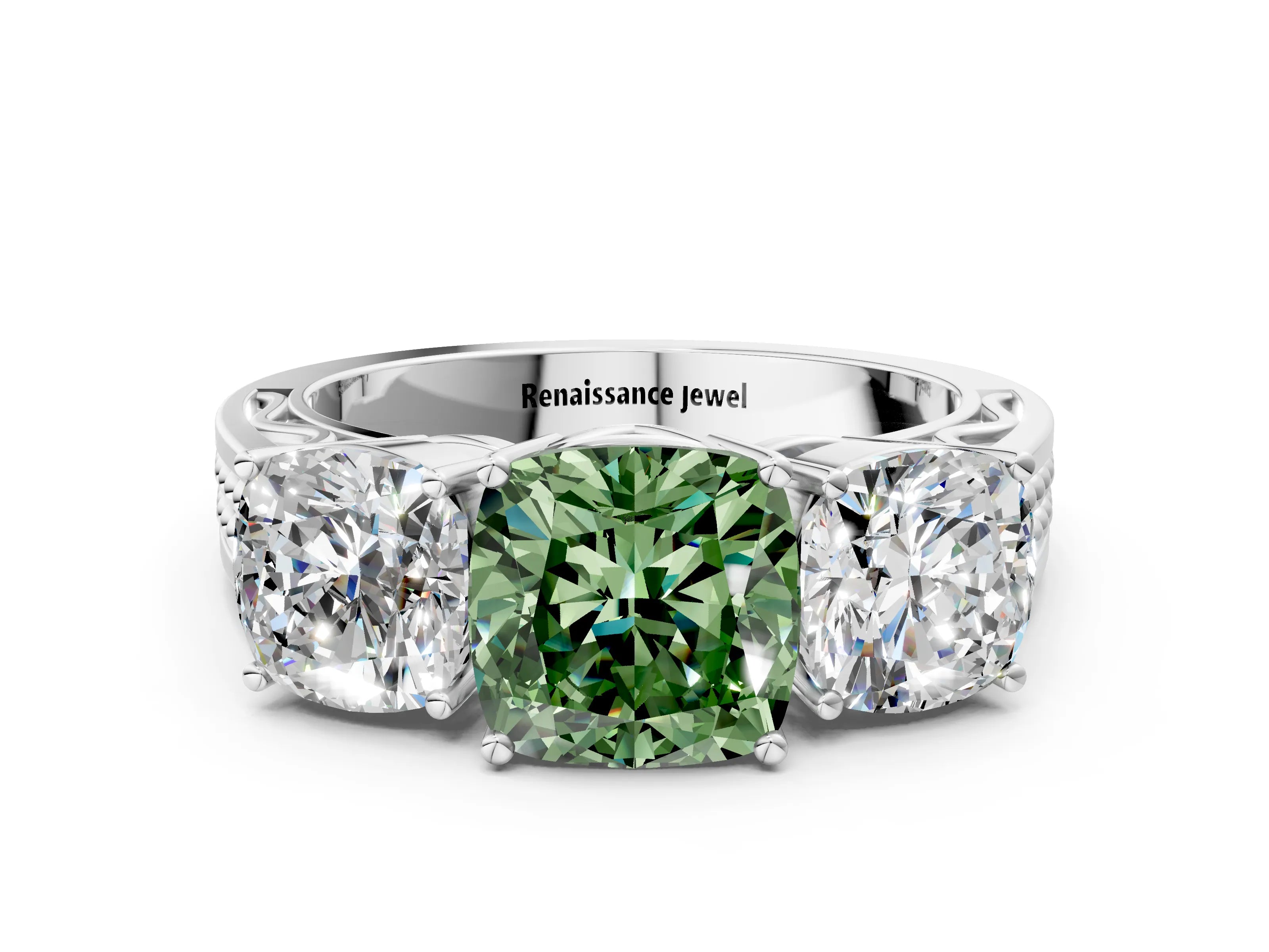 White gold Fancy Green Cushion Cut Diamond Three-Stone Ring with Prong Setting and Textured Band_12