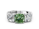 White gold Fancy Green Cushion Cut Diamond Three-Stone Ring with Prong Setting and Textured Band_12