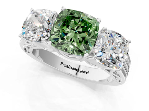 White gold Fancy Green Cushion Cut Diamond Three-Stone Ring with Prong Setting and Textured Band_13