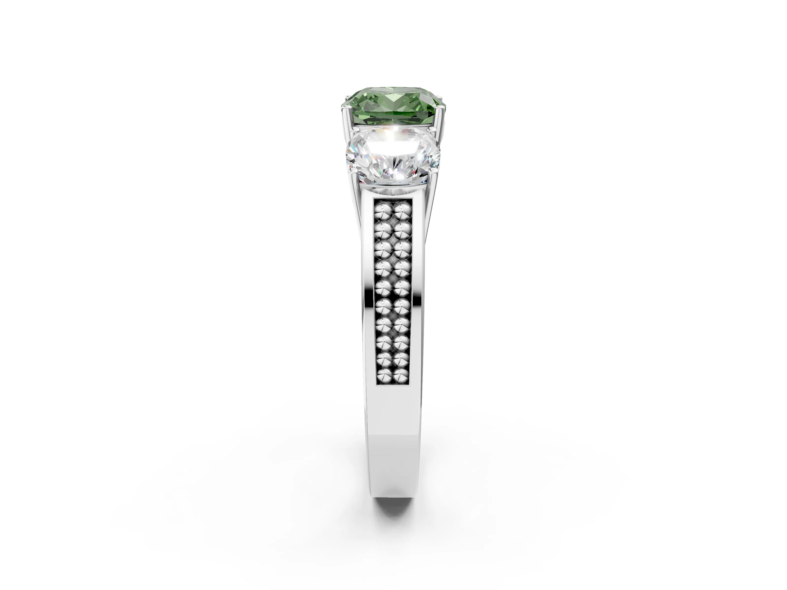 White gold Fancy Green Cushion Cut Diamond Three-Stone Ring with Prong Setting and Textured Band_14