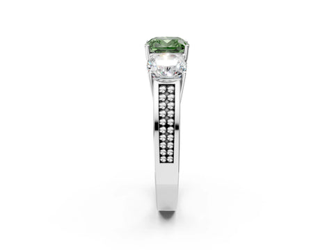 White gold Fancy Green Cushion Cut Diamond Three-Stone Ring with Prong Setting and Textured Band_14