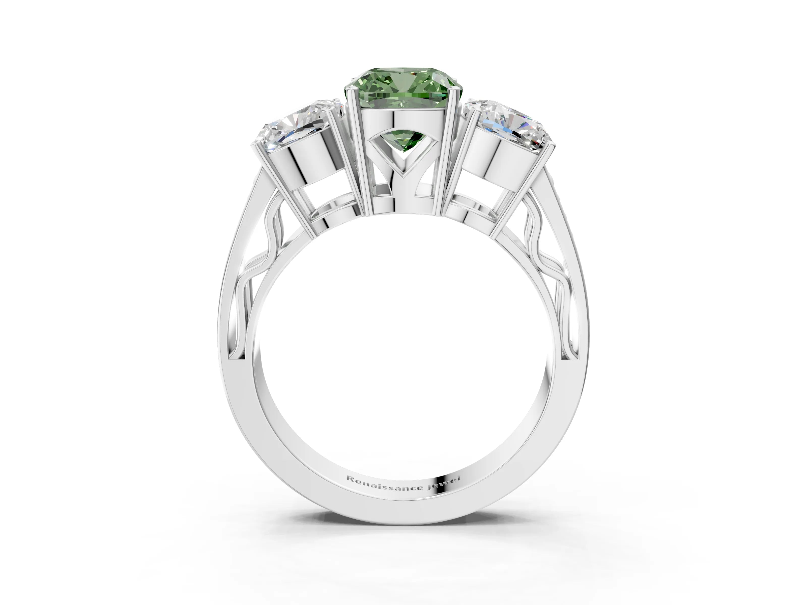 White gold Fancy Green Cushion Cut Diamond Three-Stone Ring with Prong Setting and Textured Band_15