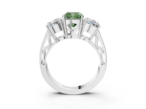 White gold Fancy Green Cushion Cut Diamond Three-Stone Ring with Prong Setting and Textured Band_15