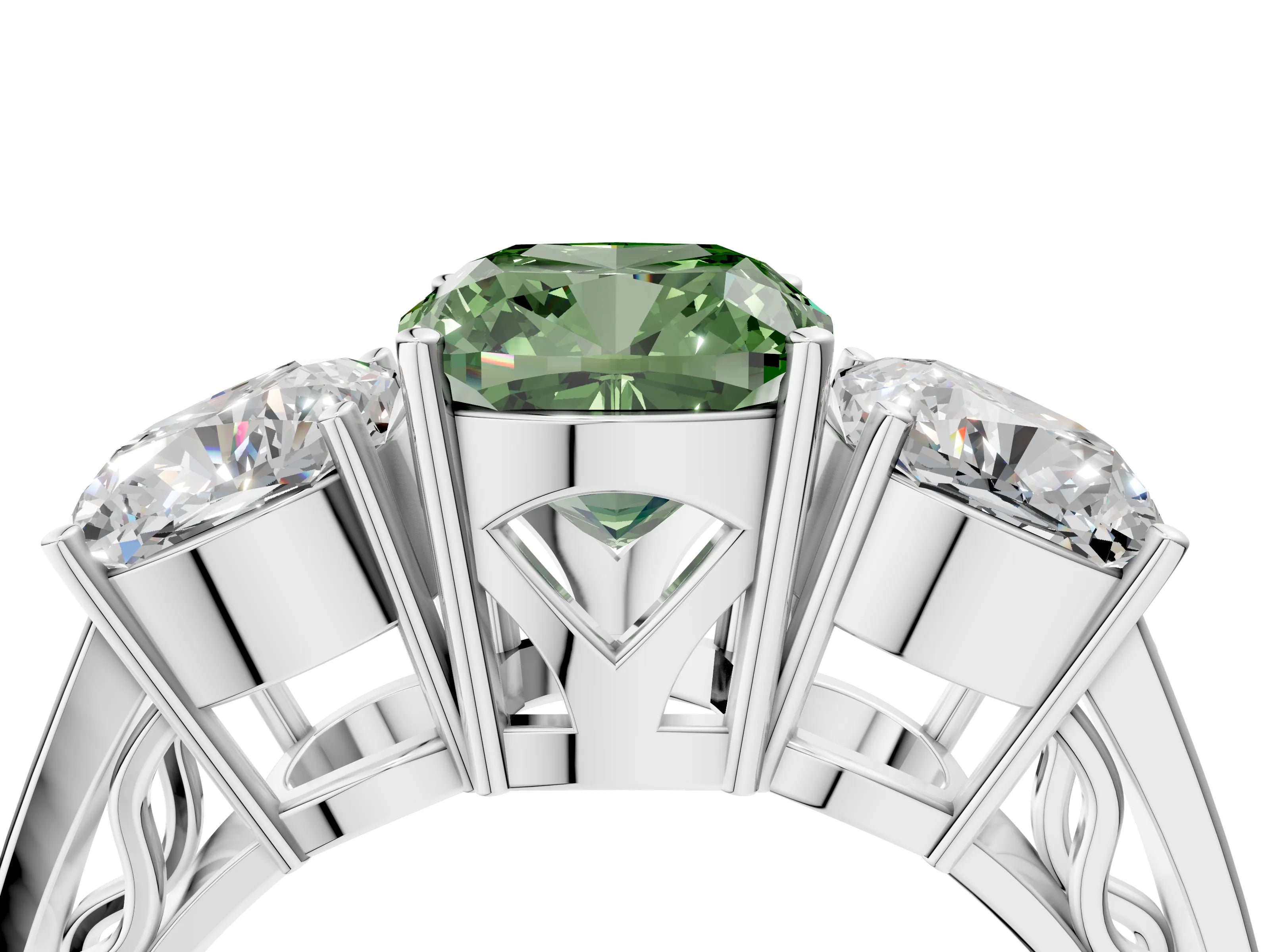 White gold Fancy Green Cushion Cut Diamond Three-Stone Ring with Prong Setting and Textured Band_16