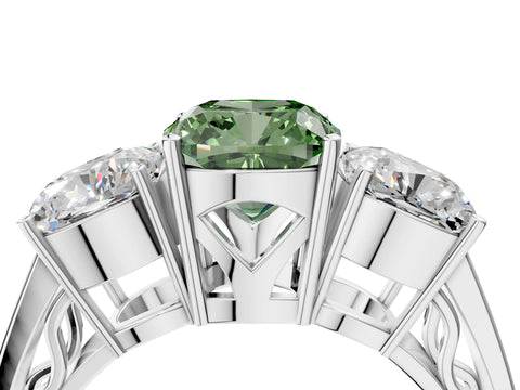 White gold Fancy Green Cushion Cut Diamond Three-Stone Ring with Prong Setting and Textured Band_16