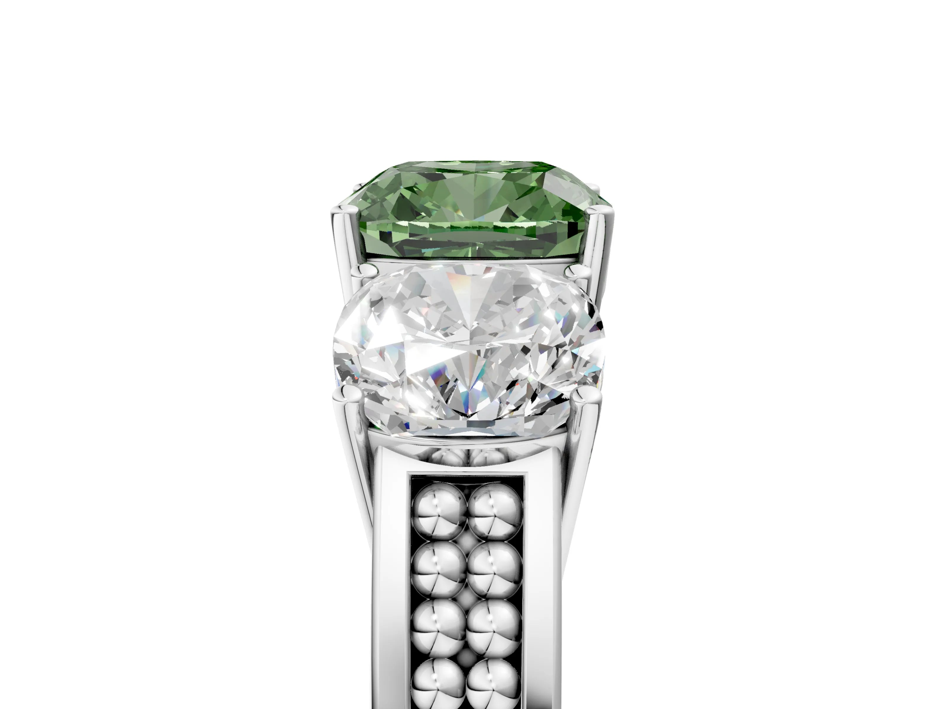 White gold Fancy Green Cushion Cut Diamond Three-Stone Ring with Prong Setting and Textured Band_17