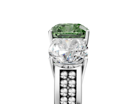 White gold Fancy Green Cushion Cut Diamond Three-Stone Ring with Prong Setting and Textured Band_17