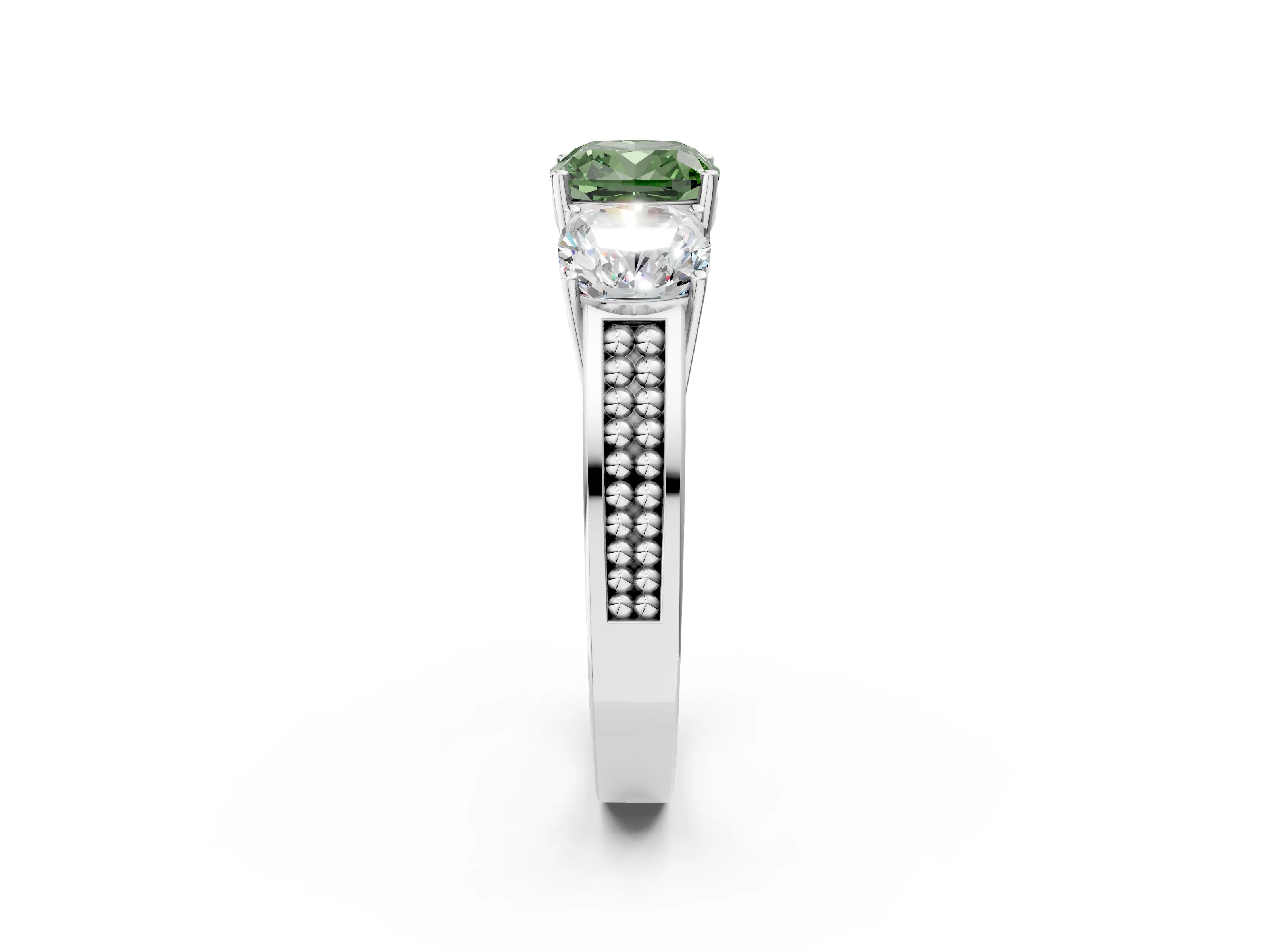 White gold Fancy Green Cushion Cut Diamond Three-Stone Ring with Prong Setting and Textured Band_2