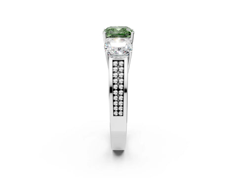 White gold Fancy Green Cushion Cut Diamond Three-Stone Ring with Prong Setting and Textured Band_2