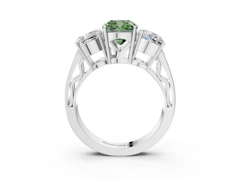 White gold Fancy Green Cushion Cut Diamond Three-Stone Ring with Prong Setting and Textured Band_3