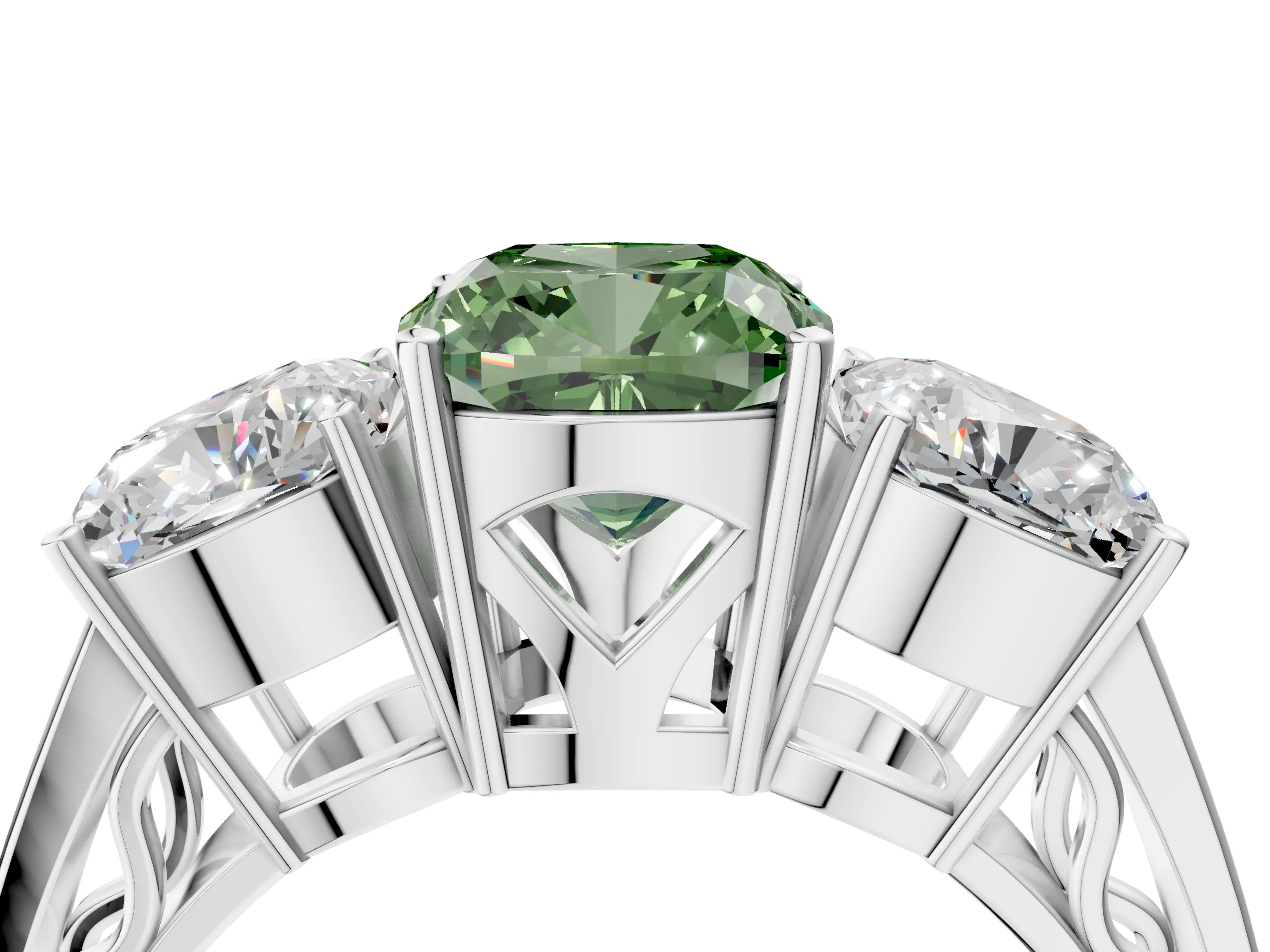 White gold Fancy Green Cushion Cut Diamond Three-Stone Ring with Prong Setting and Textured Band_4