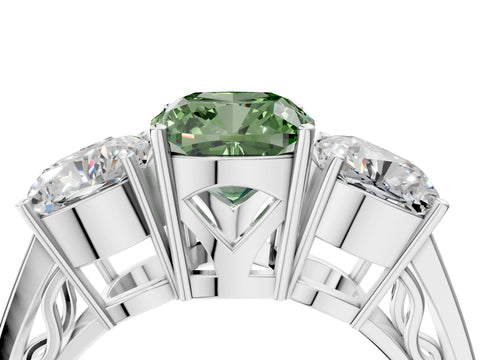 White gold Fancy Green Cushion Cut Diamond Three-Stone Ring with Prong Setting and Textured Band_4