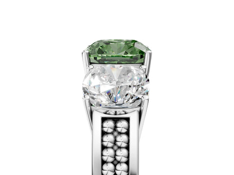White gold Fancy Green Cushion Cut Diamond Three-Stone Ring with Prong Setting and Textured Band_5