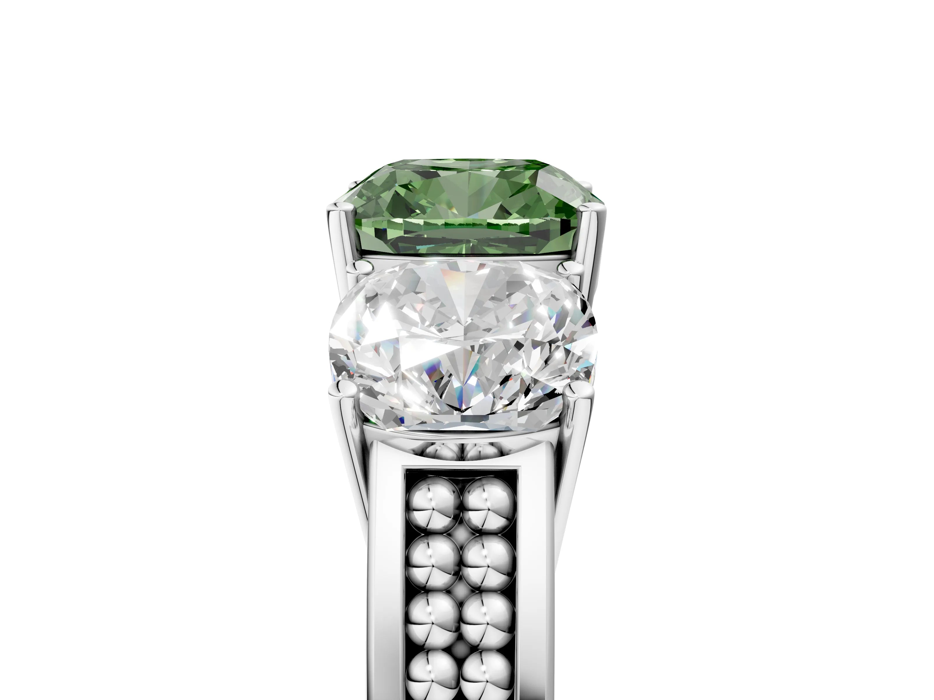 White gold Fancy Green Cushion Cut Diamond Three-Stone Ring with Prong Setting and Textured Band_5