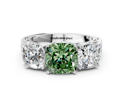 White gold Fancy Green Cushion Cut Diamond Three-Stone Ring with Prong Setting and Textured Band