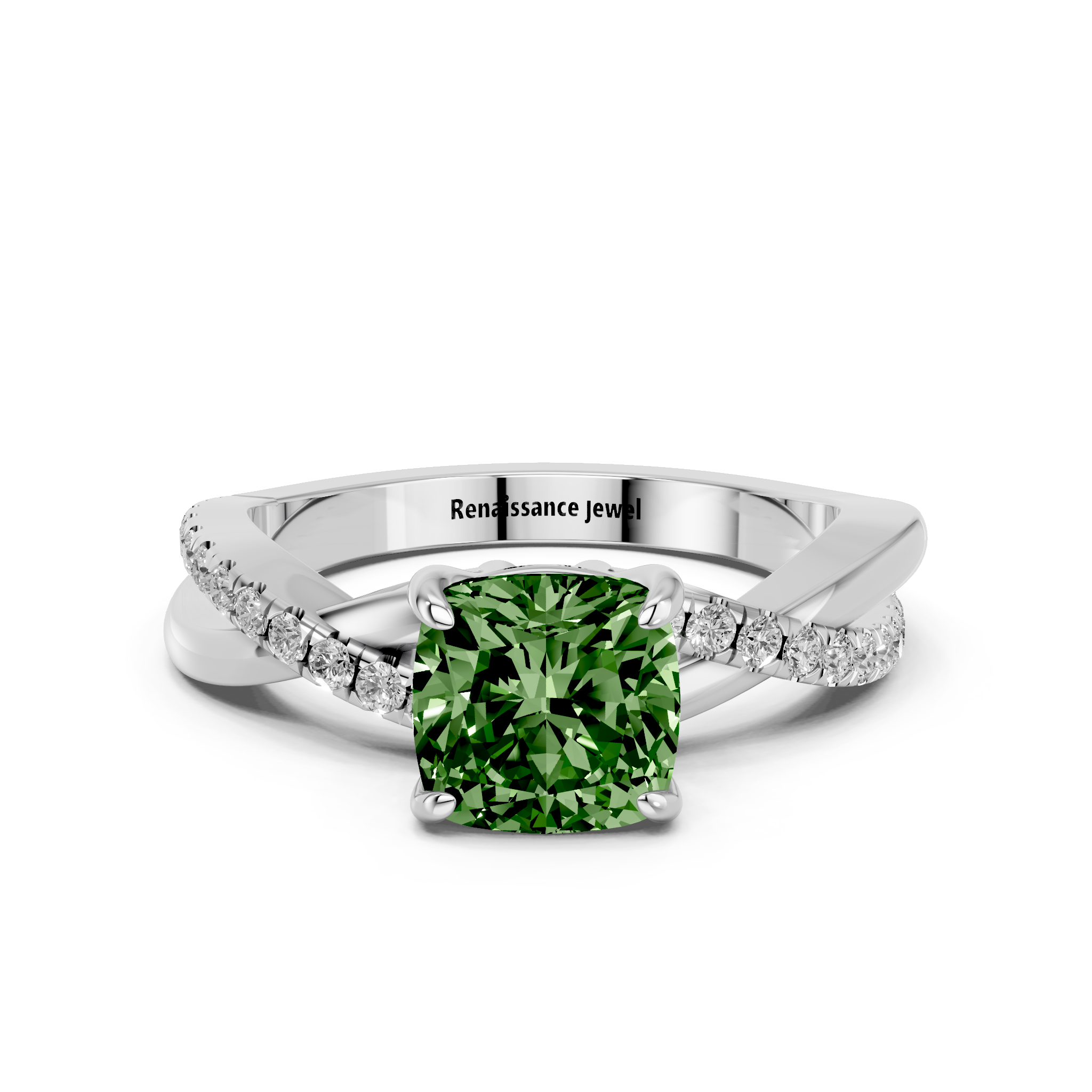 White gold Fancy Green Cushion  Cut Diamond Twist Band Solitaire with Prong Setting_11