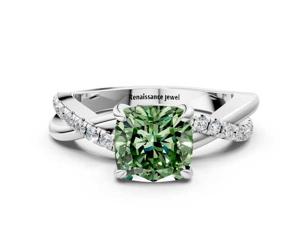 Platinum Fancy Green Cushion  Cut Diamond Twist Band Solitaire with Prong Setting