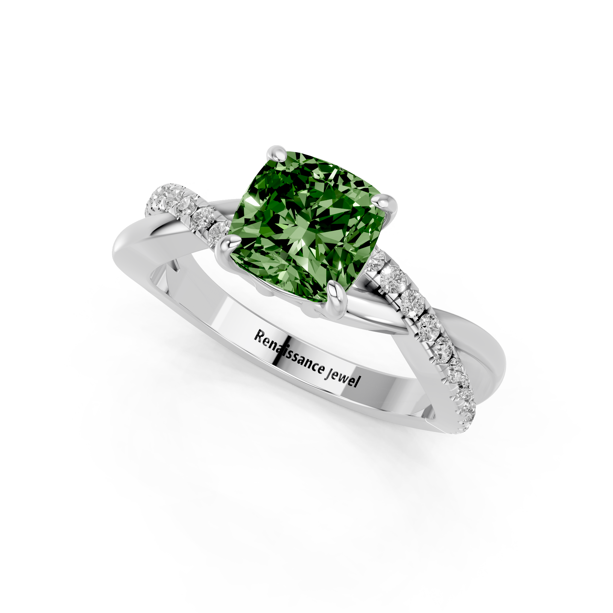 White gold Fancy Green Cushion  Cut Diamond Twist Band Solitaire with Prong Setting_3