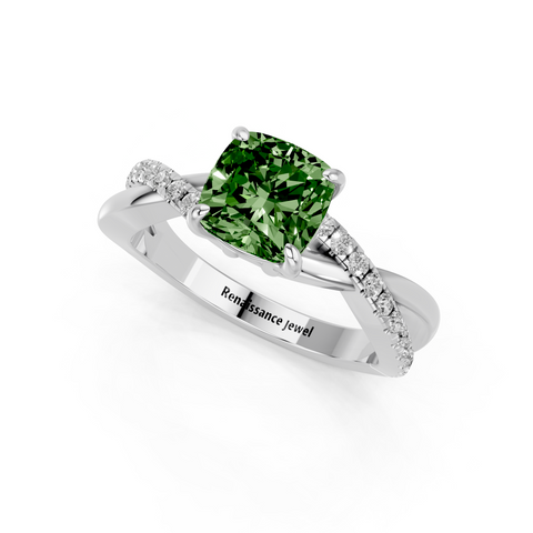 White gold Fancy Green Cushion  Cut Diamond Twist Band Solitaire with Prong Setting_3