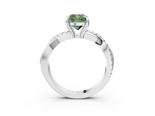 Platinum Fancy Green Cushion  Cut Diamond Twist Band Solitaire with Prong Setting