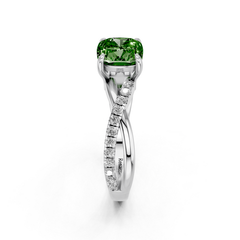 White gold Fancy Green Cushion  Cut Diamond Twist Band Solitaire with Prong Setting_4