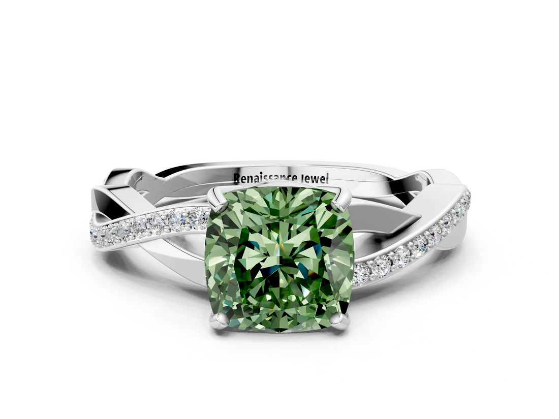 White gold Fancy Green Cushion  Cut Diamond Twisted Band Engagement Ring with Prong Setting_3