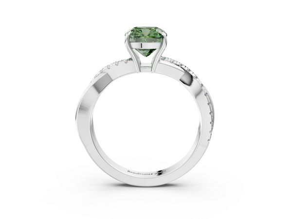 Platinum Fancy Green Cushion  Cut Diamond Twisted Band with Pavé Setting and Four-Prong Setting