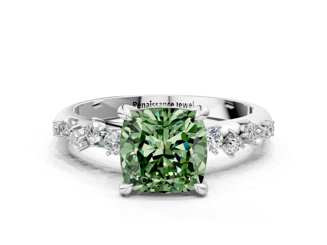 White gold Fancy Green Cushion  Cut Diamond Vine Band with Four-Prong Setting_64