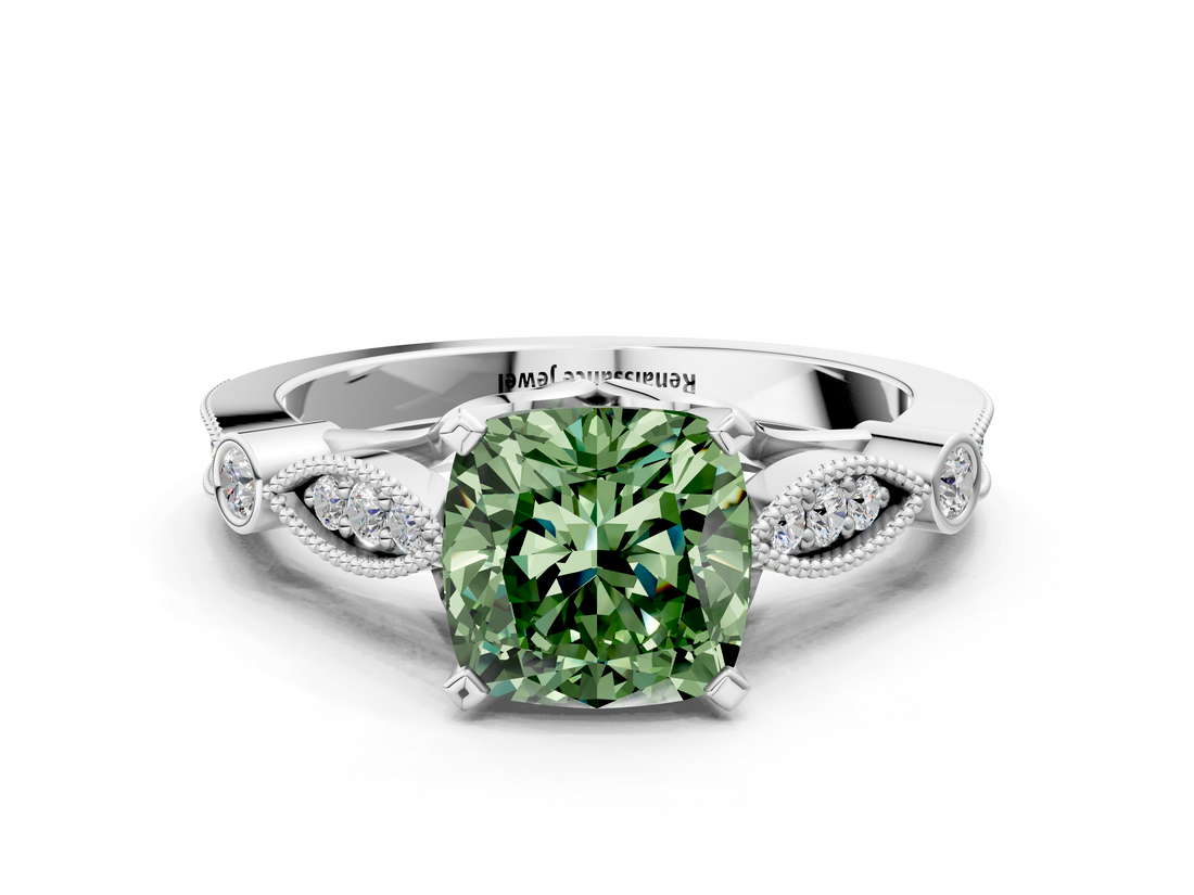 White gold Fancy Green Cushion  Cut Diamond with Milgrain Marquise and Bezel Accents on a Solitaire Band with Prong Setting_214