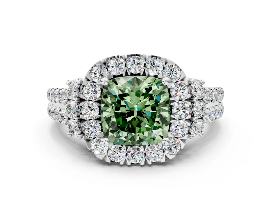 White gold Fancy Green Cushion  Cut Double Halo Diamond Engagement Ring with Pave Band and Four-Prong Setting_55