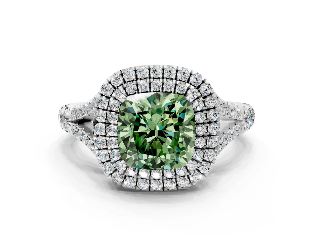White gold Fancy Green Cushion  Cut Double Halo Split Shank Diamond Ring with Prong Setting_49