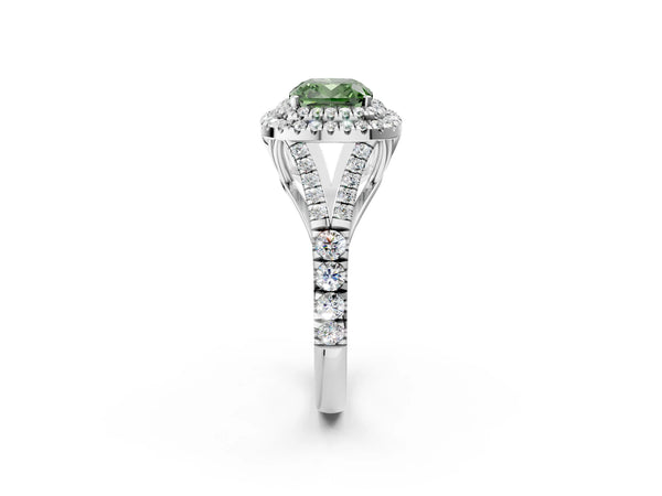 White gold Fancy Green Cushion  Cut Double Halo Split Shank Diamond Ring with Prong Setting