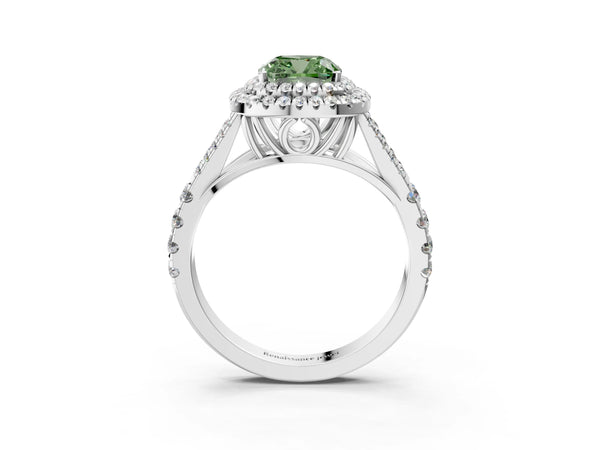 White gold Fancy Green Cushion  Cut Double Halo Split Shank Diamond Ring with Prong Setting