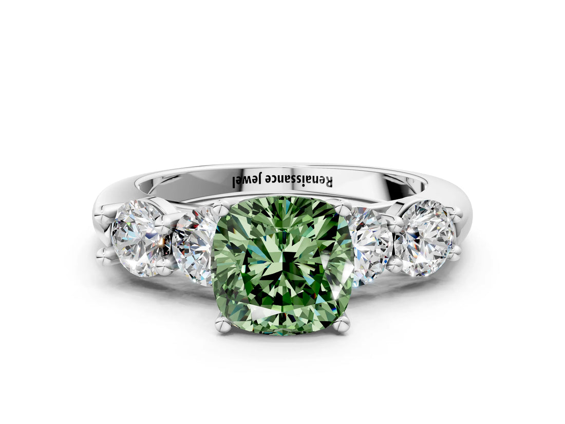 White gold Fancy Green Cushion  Cut Five-Stone Prong Set Diamond Ring with Classic Band_32