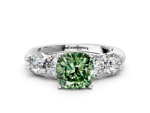Platinum Fancy Green Cushion  Cut Five-Stone Prong Set Diamond Ring with Classic Band