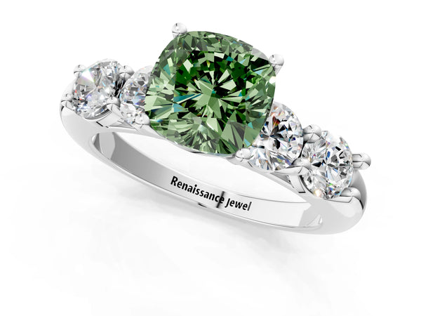 Platinum Fancy Green Cushion  Cut Five-Stone Prong Set Diamond Ring with Classic Band