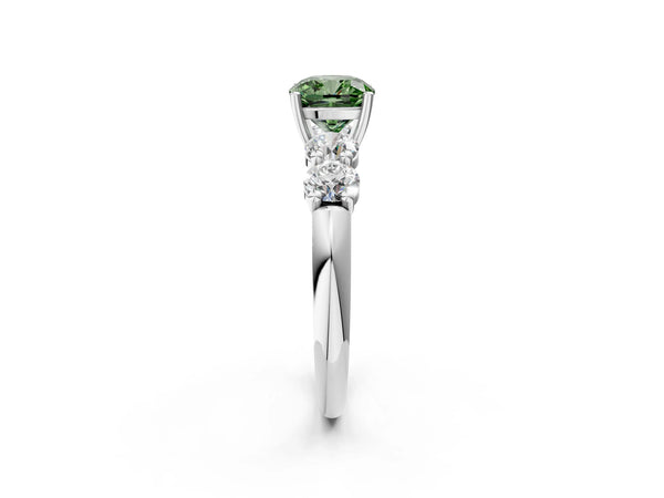 Platinum Fancy Green Cushion  Cut Five-Stone Prong Set Diamond Ring with Classic Band