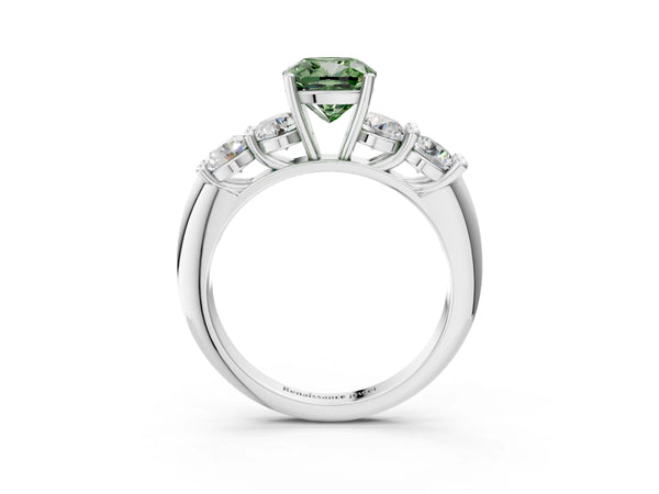 Platinum Fancy Green Cushion  Cut Five-Stone Prong Set Diamond Ring with Classic Band