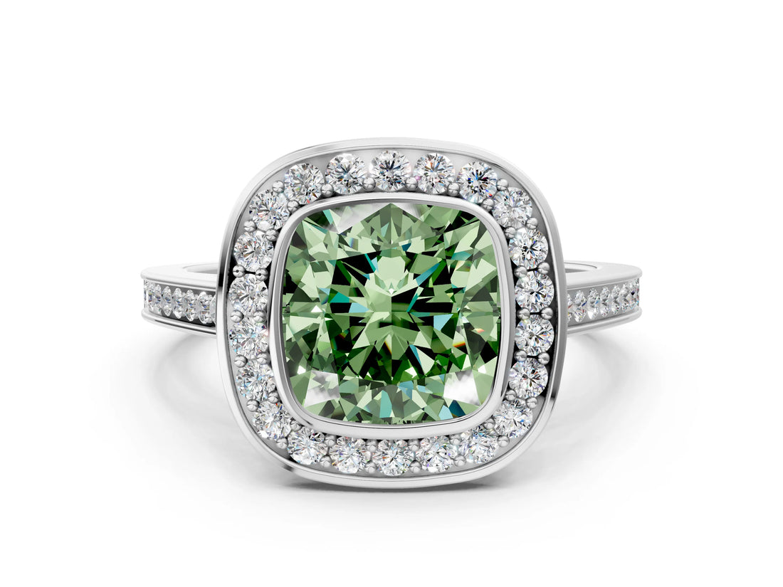 White gold Fancy Green Cushion Cut Halo Bezel Diamond Pave Band Ring