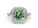 White gold Fancy Green Cushion Cut Halo Bezel Diamond Pave Band Ring