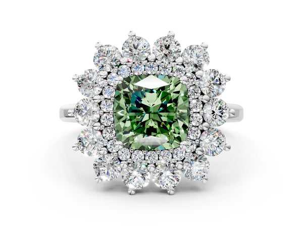 White gold Fancy Green Cushion Cut Halo Cluster Diamond Ring with Pave Band and Four-Prong Setting