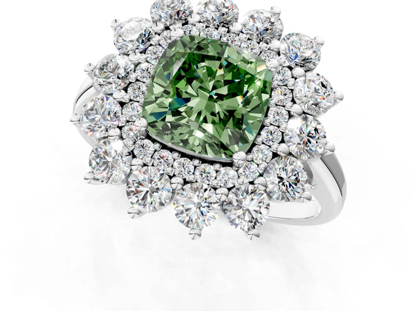White gold Fancy Green Cushion Cut Halo Cluster Diamond Ring with Pave Band and Four-Prong Setting